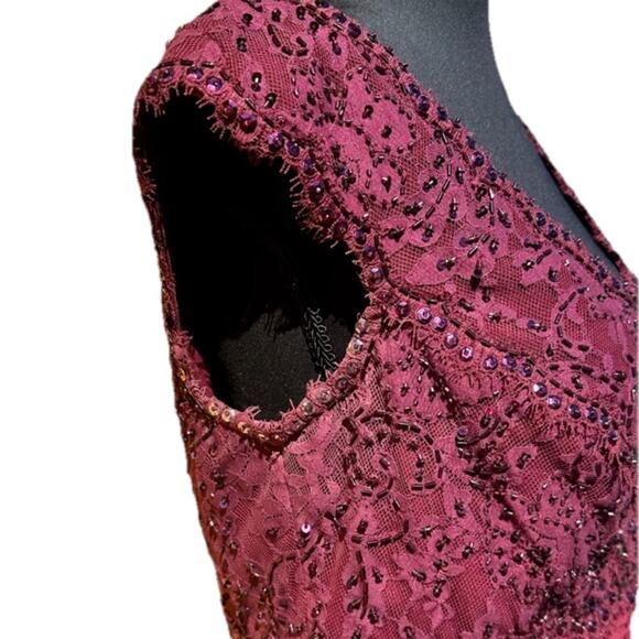 TADASHI SHOJI Lace Beaded Sleeveless Evening Dress Burgundy Wine 6 Prom Wedding - Picture 4 of 9